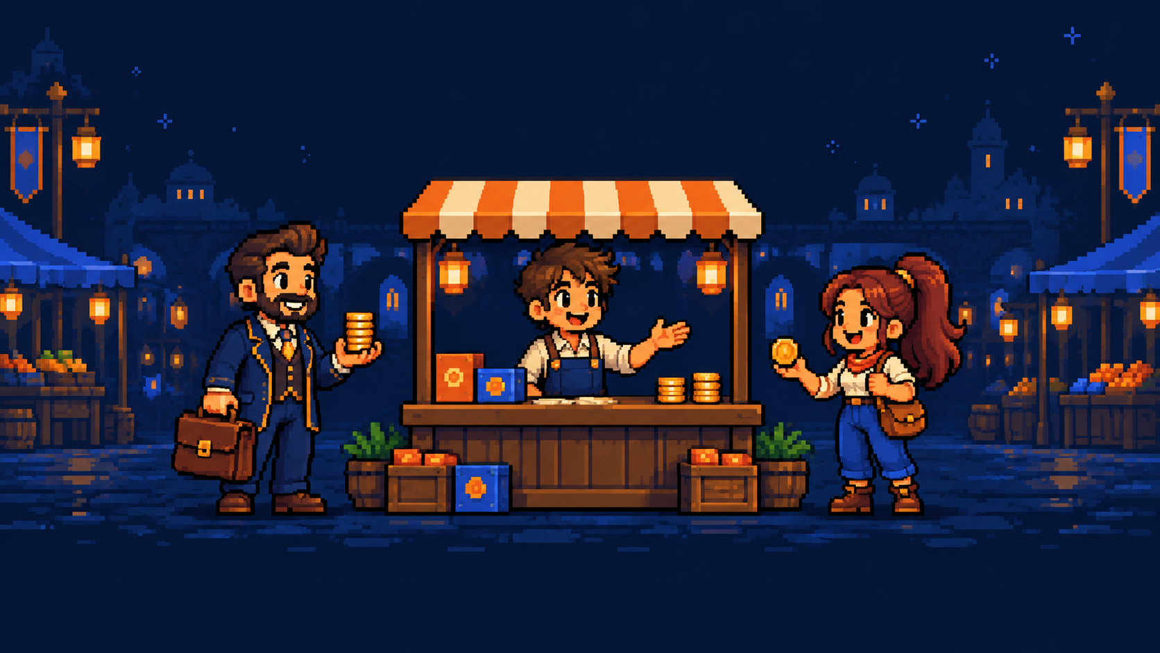 Tiendita arcade con un vendedor, un amigo y una clienta.